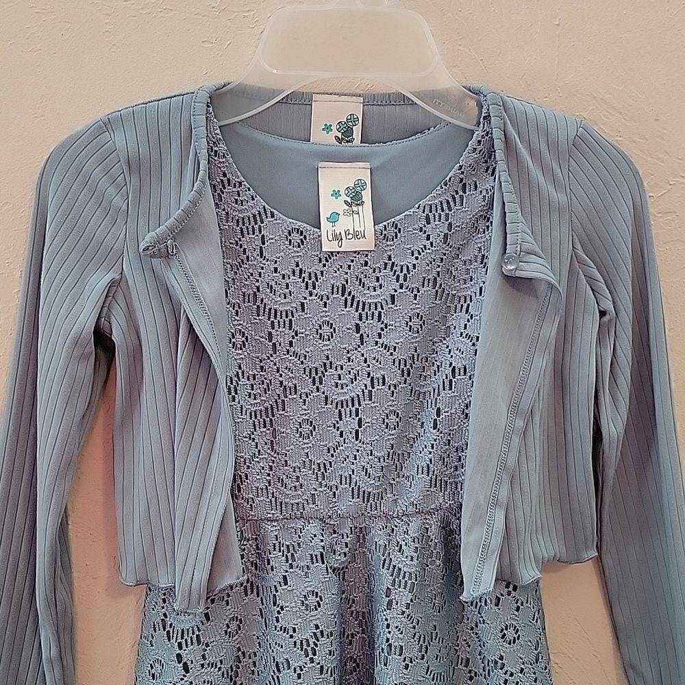 LULY BLEU DUSTY BLUE SLEEVELESS LACY FLORAL DRESS WITH CARDIGAN, SIZE 4